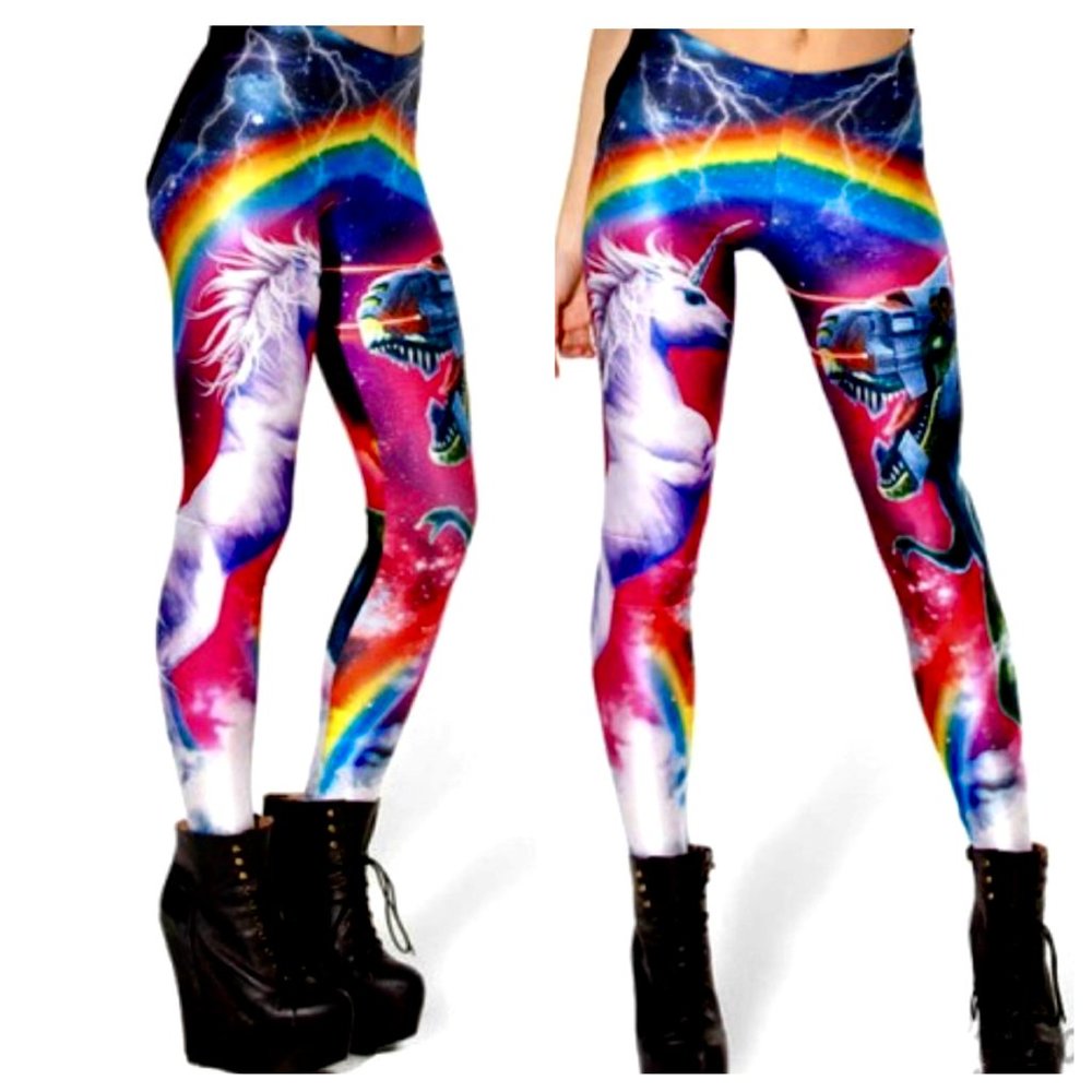 Festival Burning Man Rainbow Unicorn Dinosaur Laser Leggings Graffiti S/M Red